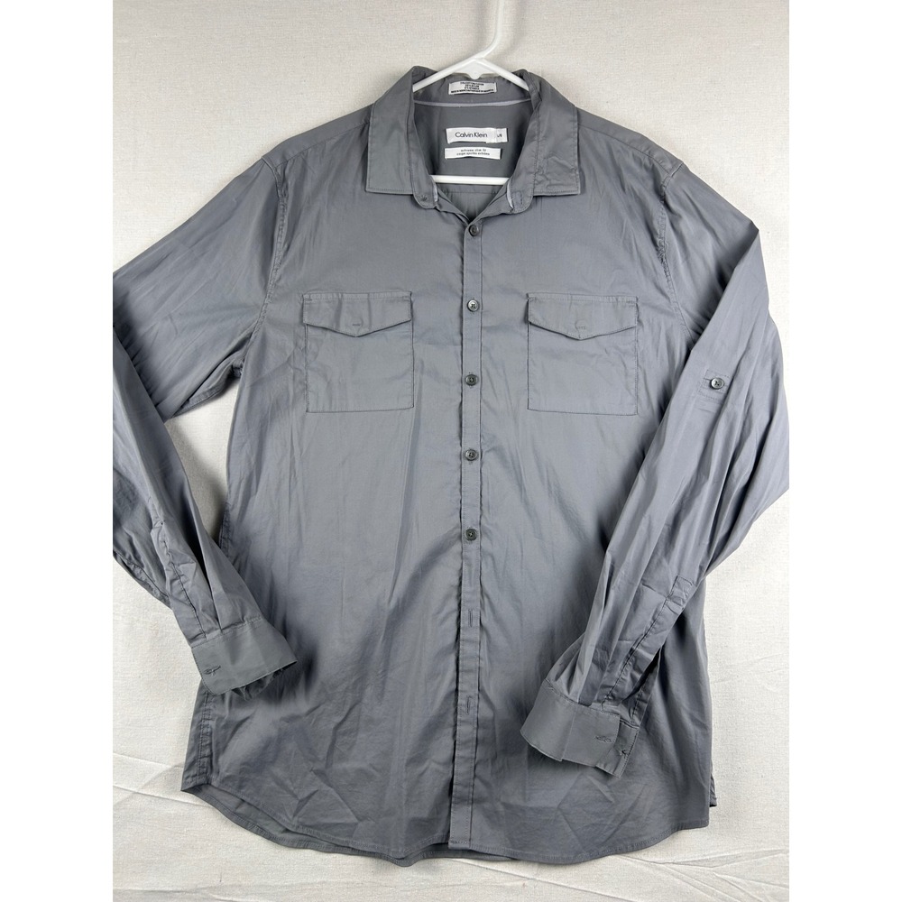 Calvin Klein Mens Extreme‎ Slim Fit Gray Long Sleeve Button Up Shirt Large L/G